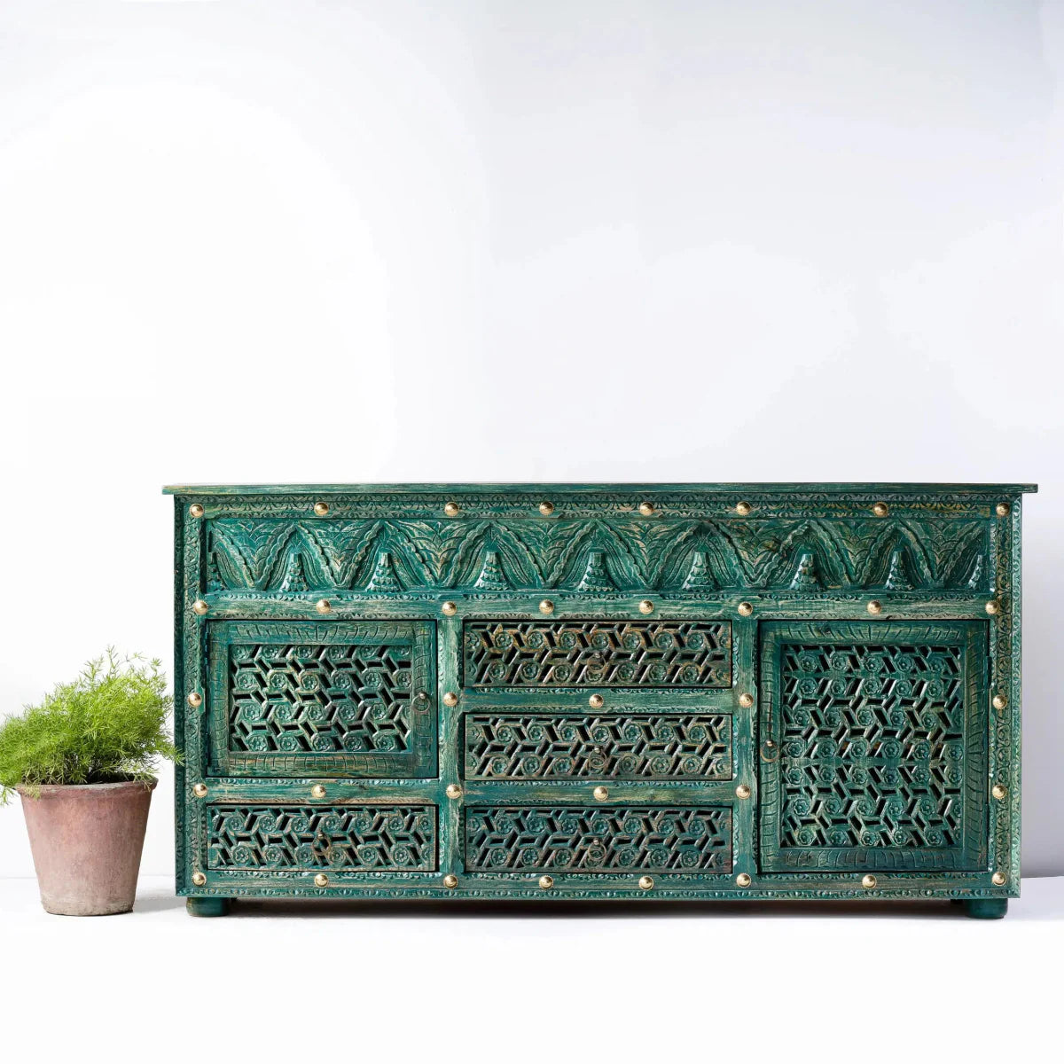 Hand Carved Antique Green Color Sideboard | Wooden Buffet Table