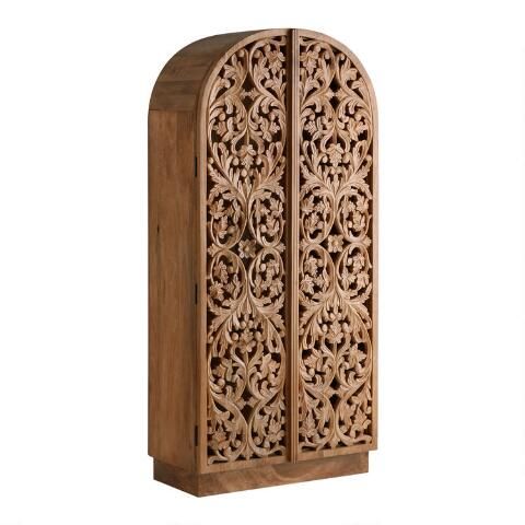 Hand Carved Arched Natural Floral Solid Wood Armoire Wardrobe for Bedroom Decor