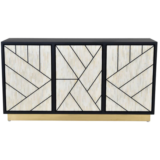 Handmade Black and White Bone Inlay Three Door Sideboard