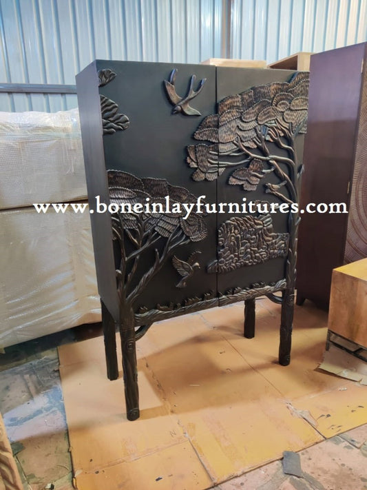 Hand Carved Black Color Land & Sky Bar Cabinet | Liquor Cabinetry furniture