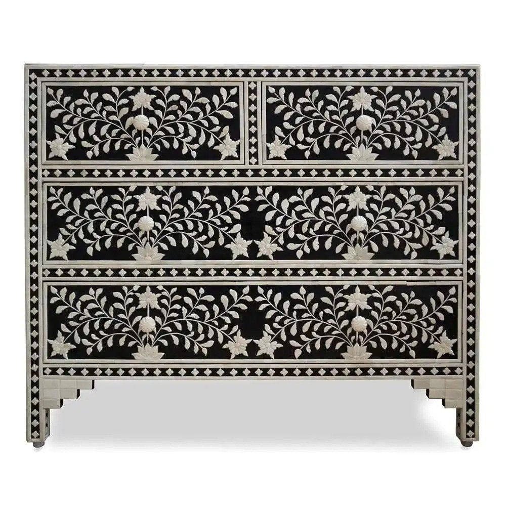 Handmade bone Inlay Black Floral Chest of Four Drawers | Indian Dresser