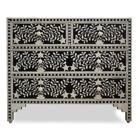 Handmade bone Inlay Black Floral Chest of Four Drawers | Indian Dresser