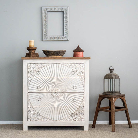 Hand Carved Boho Four Chest of Drawer Dresser in White Color