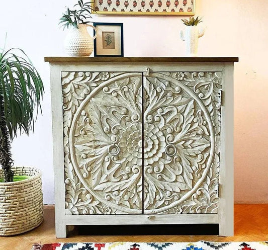 Hand Carved Boho Indian Living Room Cabinet | Wooden Cabinetry Furniture