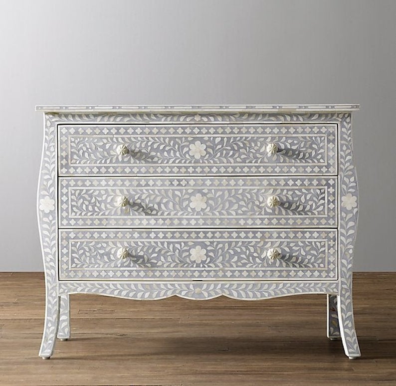 Handmade Bone Inlay Four Drawer Colonial Dresser | Light Gray Color French Chest of Drawers