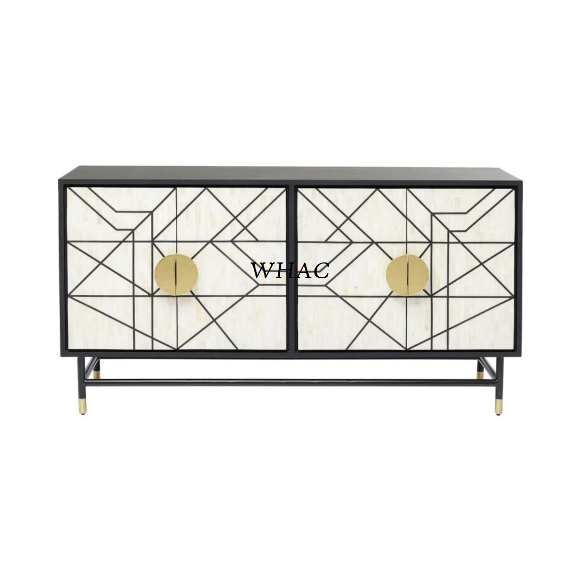 Handmade Bone Inlay Four Doors Sideboard Wooden Buffet with Black Finish Metal Legs