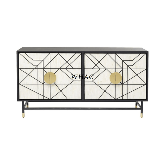 Handmade Bone Inlay Four Doors Sideboard Wooden Buffet with Black Finish Metal Legs