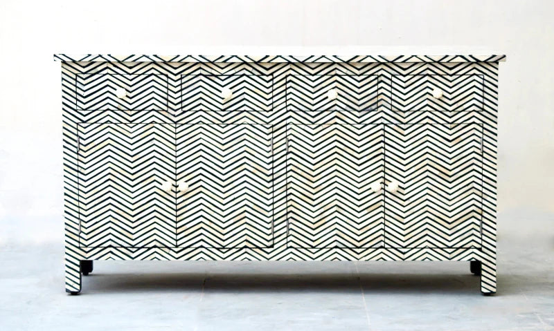 Handmade Bone Inlay Four Drawers and Four Door Sideboard in Black Chevron Pattern