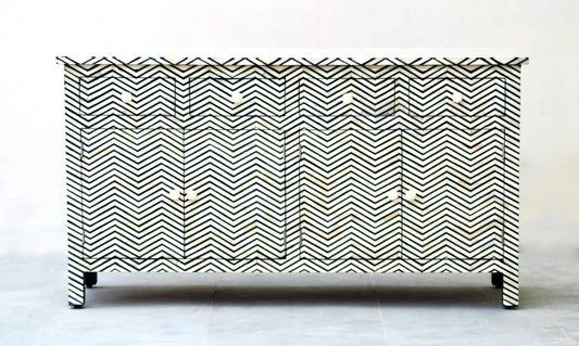 Handmade Bone Inlay Four Drawers and Four Door Sideboard in Black Chevron Pattern