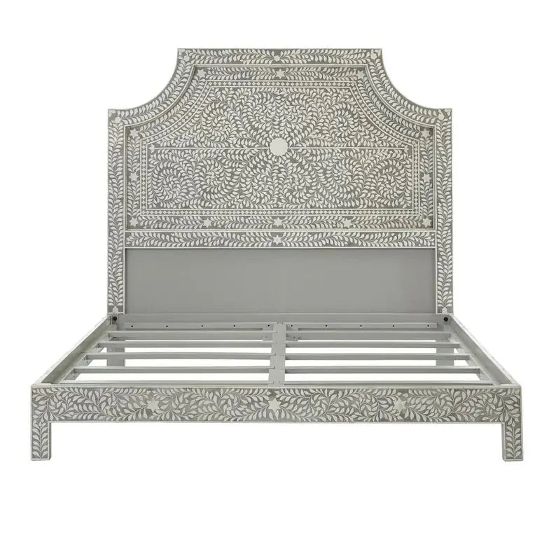 Handmade Bone inlay Platform Bed with Headboard | Exotic Indian Bed Frame