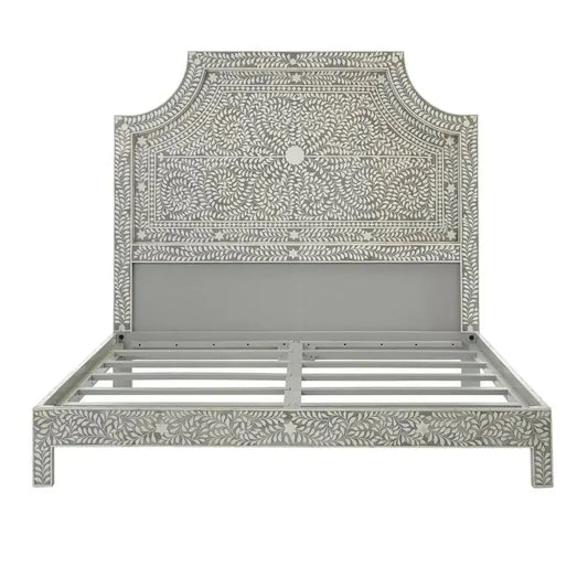 Handmade Bone inlay Platform Bed with Headboard | Exotic Indian Bed Frame