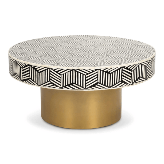 Handmade Bone Inlay Black White Zig Zag Round Center Coffee Table with Brass Base