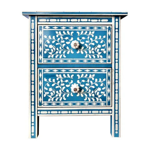 Handmade Bone Inlay Blue Floral Bedside Table Two drawers Lamp Stand