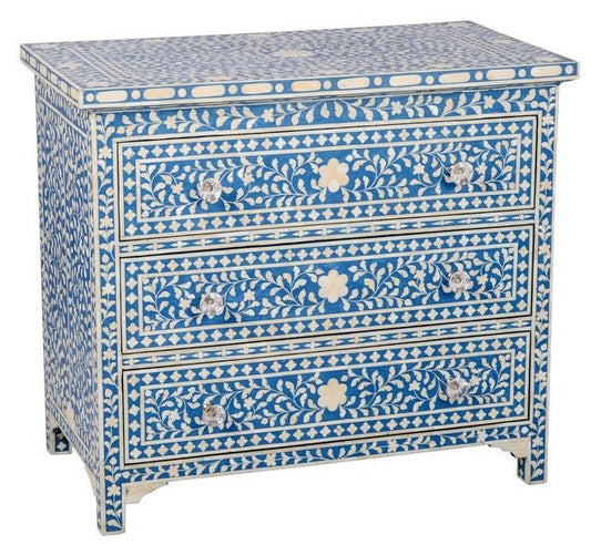 Handmade Bone Inlay Chest of Three Drawers Floral Design in Blue Color