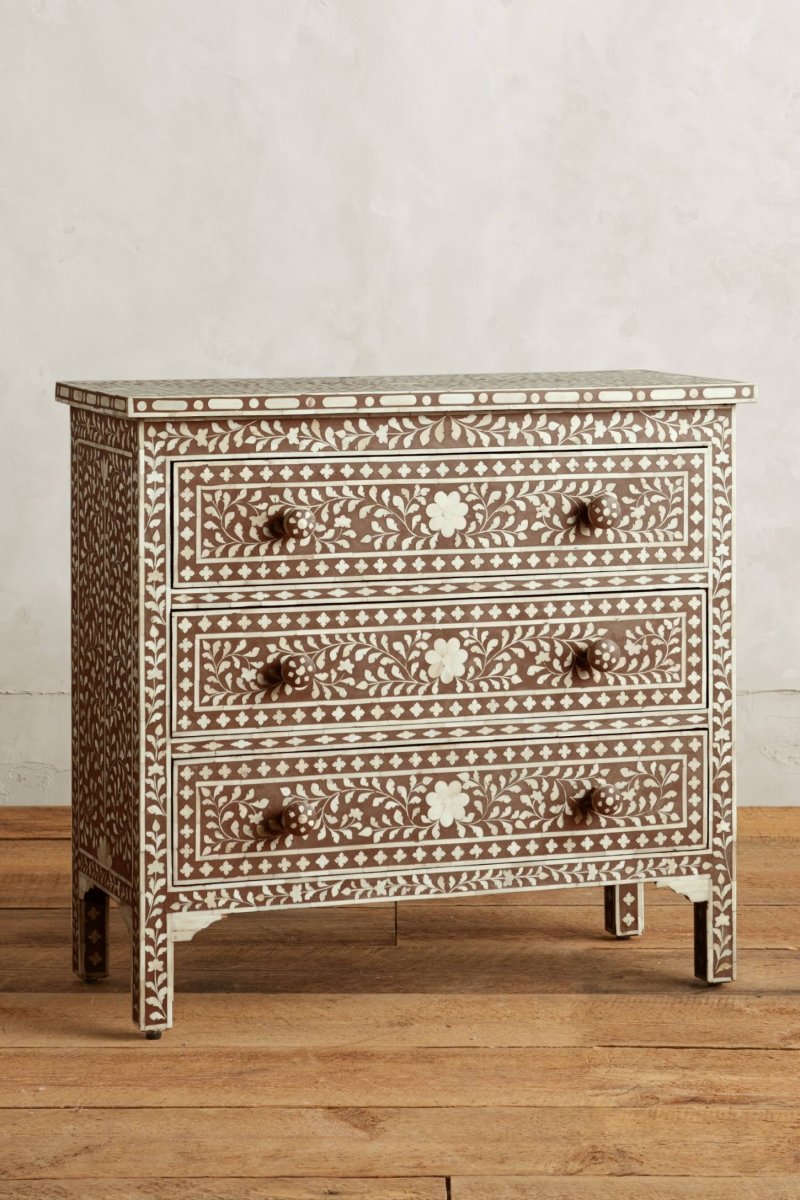 Handmade Bone Inlay Chest of Three Drawers Floral Design in Brown Color