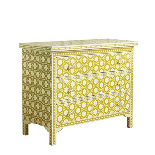 Handmade Bone Inlay Chest of Three Drawers Floral Design in Yellow Color | Bedroom Dresser