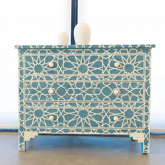 Handmade Bone Inlay Chest of Three Drawers Geometric Design in Blue