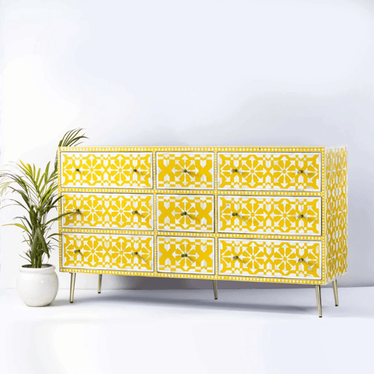 Handmade Bone Inlay Morrocan Design Chest of Nine Drawers in Yellow Color | Storage Unit