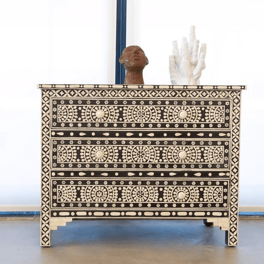 Handmade Bone Inlay Circular Flower Chest of Three Drawers | Indian inlay furniture