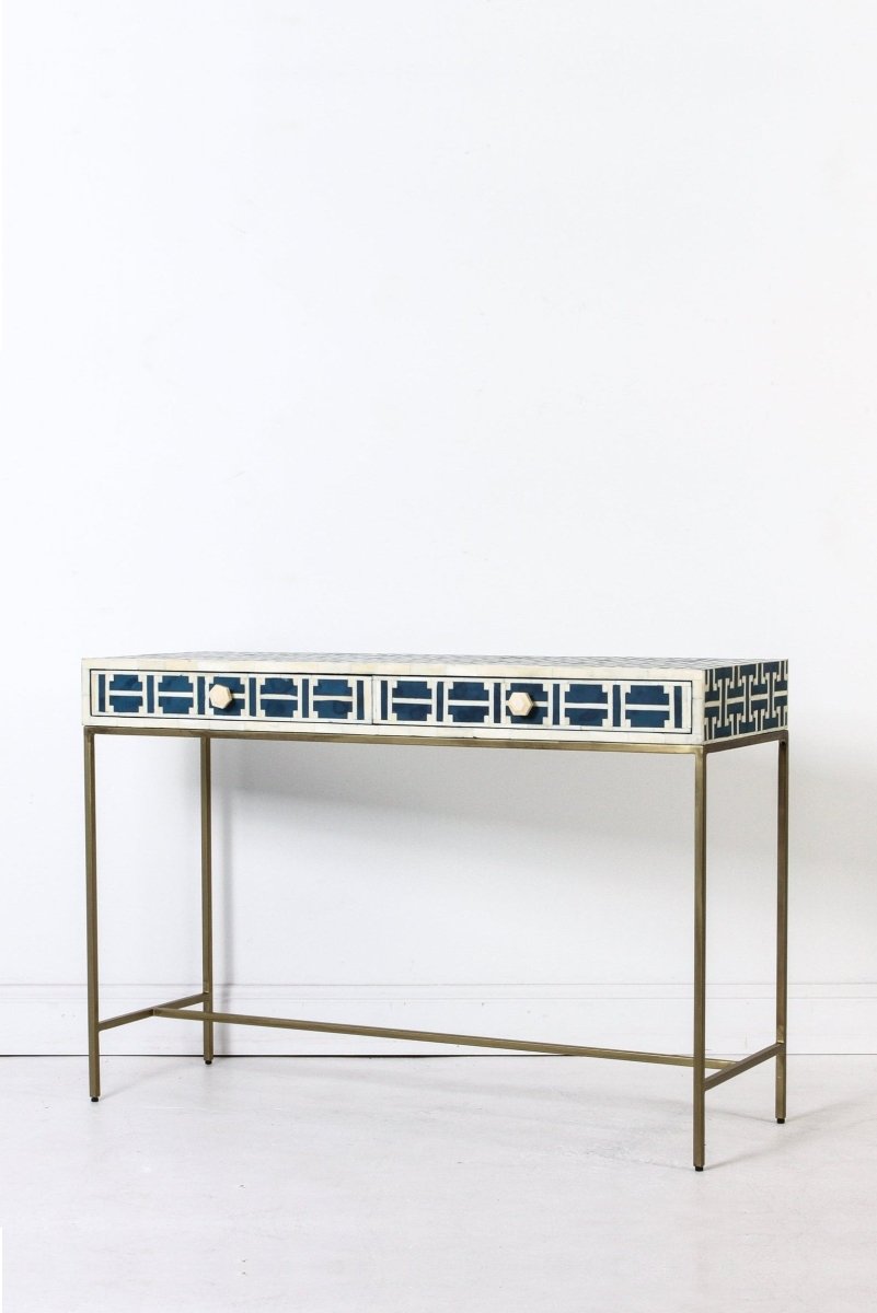 Handmade Bone Inlay Console Table | Lattice Pattern Work Desk in Dark Blue