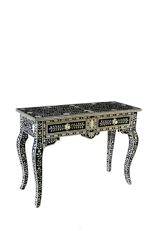 Handmade Bone inlay Console Table with Two Drawers | Work Desk in Black Color