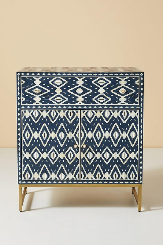 Handmade Bone Inlay Entryway Cabinet in Blue Color | Ikat Bone inlay Cabinet