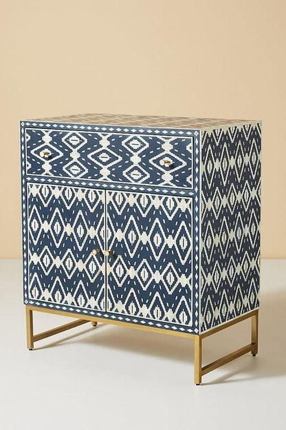 Handmade Bone Inlay Entryway Cabinet in Blue Color | Ikat Bone inlay Cabinet