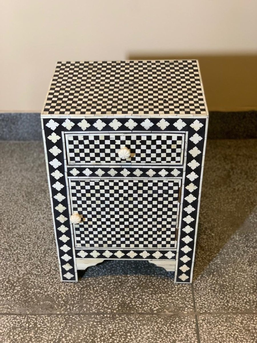 Handmade Bone Inlay Fitted Side Table with Drawer Nightstand