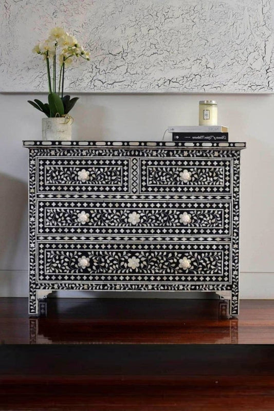 Handmade Bone inlay Floral Design Four Drawers Dresser in Black Color