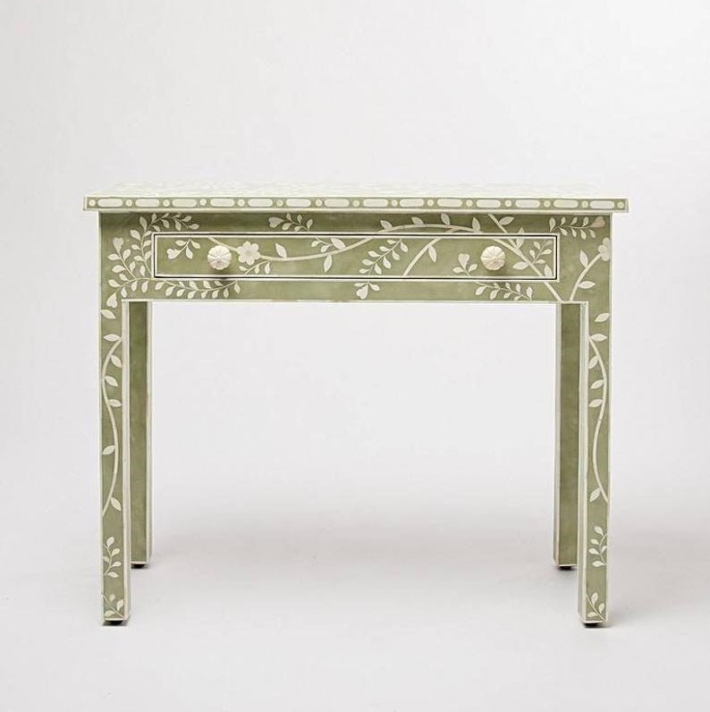 Handmade Bone inlay Floral Design Console Table with Drawers in Sage Green Color