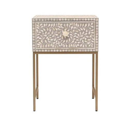 Handmade Bone Inlay Floral Design Grey Bedside Table Nightstand