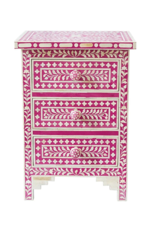 Handmade Bone Inlay Pink Color Floral Pattern Three Drawers Bedside Nightstand Table