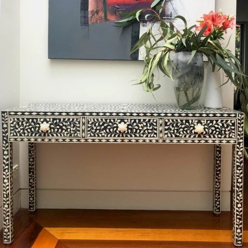 Handmade Bone Inlay Floral Pattern Console Table in Black Color | Luxury Hallway Table With Drawers