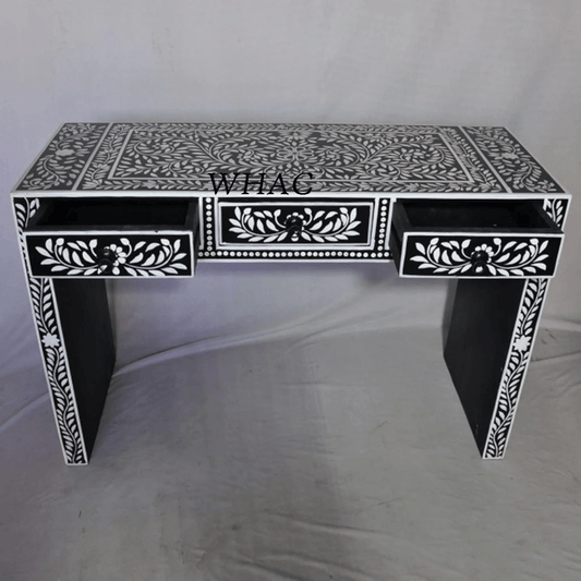 Handmade Bone Inlay Floral Pattern Console Table with Three Drawers