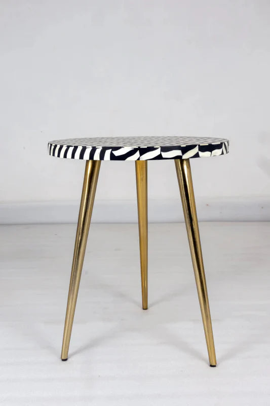 Handmade Bone Inlay Floral Pattern White and Black with Brass Legs Side table