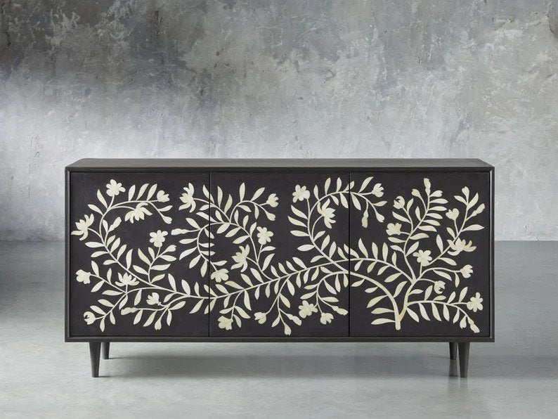 Handmade Bone Inlay Flower Design Media Console in Black Color | Bone Inlay TV unit