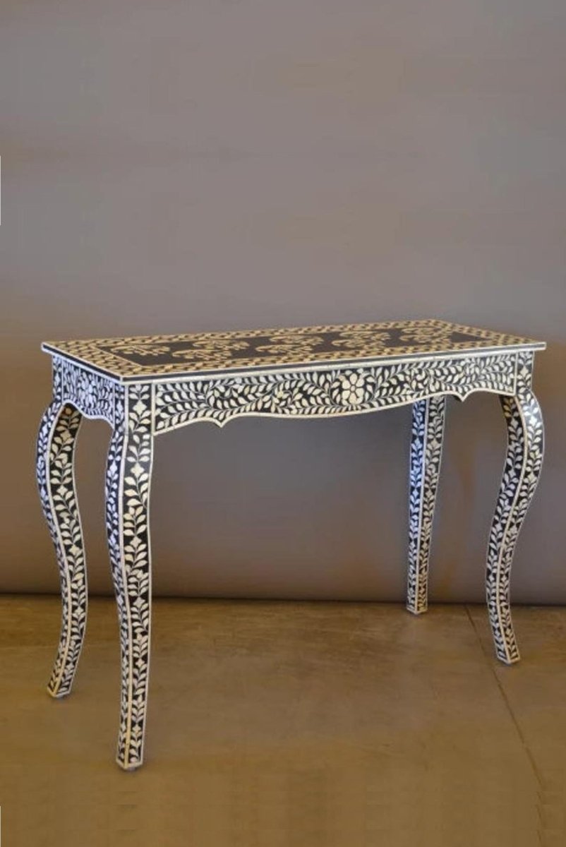 Handmade Bone Inlay French Leg Floral Design Console Table | Side Table in Black Color