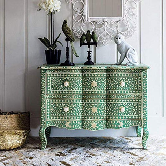 Handmade Bone Inlay Frontal Wave Chest of 2 Drawers | French Dresser in Green Color