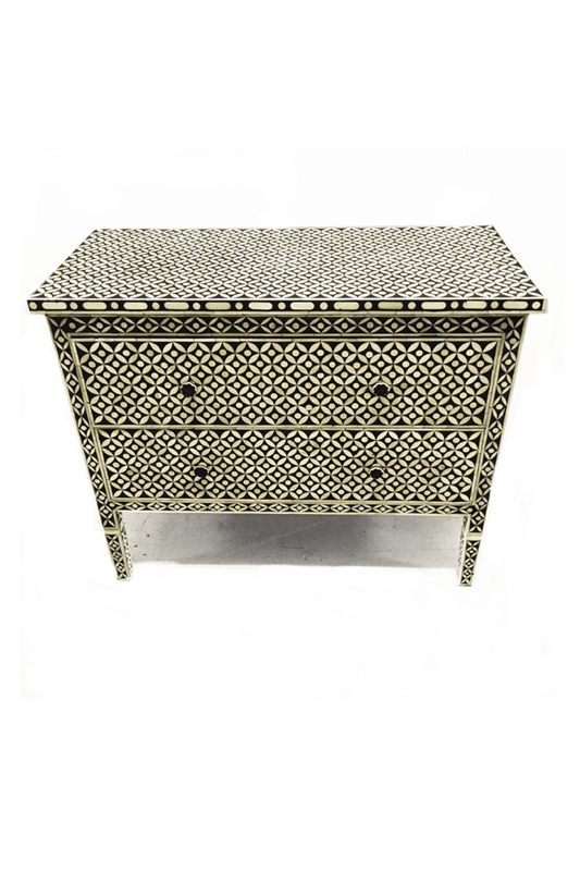 Handmade Bone Inlay Geometric Two Drawer Dresser | Storage Unit in Black Color