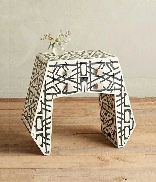 Handmade Bone Inlay Geometric Design Three Drawer Side Table in Black and White