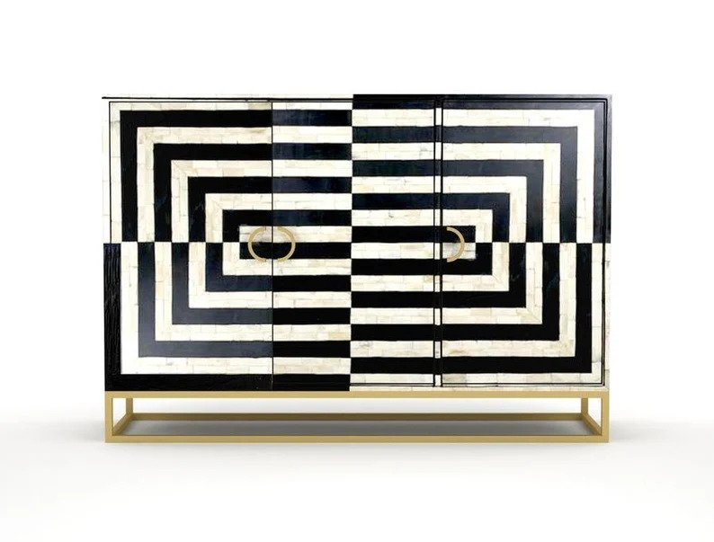 Handmade Bone Inlay Geometric Design Sideboard  | Buffet Table in abstract Black Color |