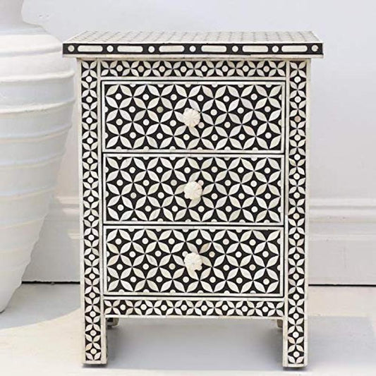 Handmade Bone Inlay Geometric Eye Design Nightstand | Side Table in Black Color