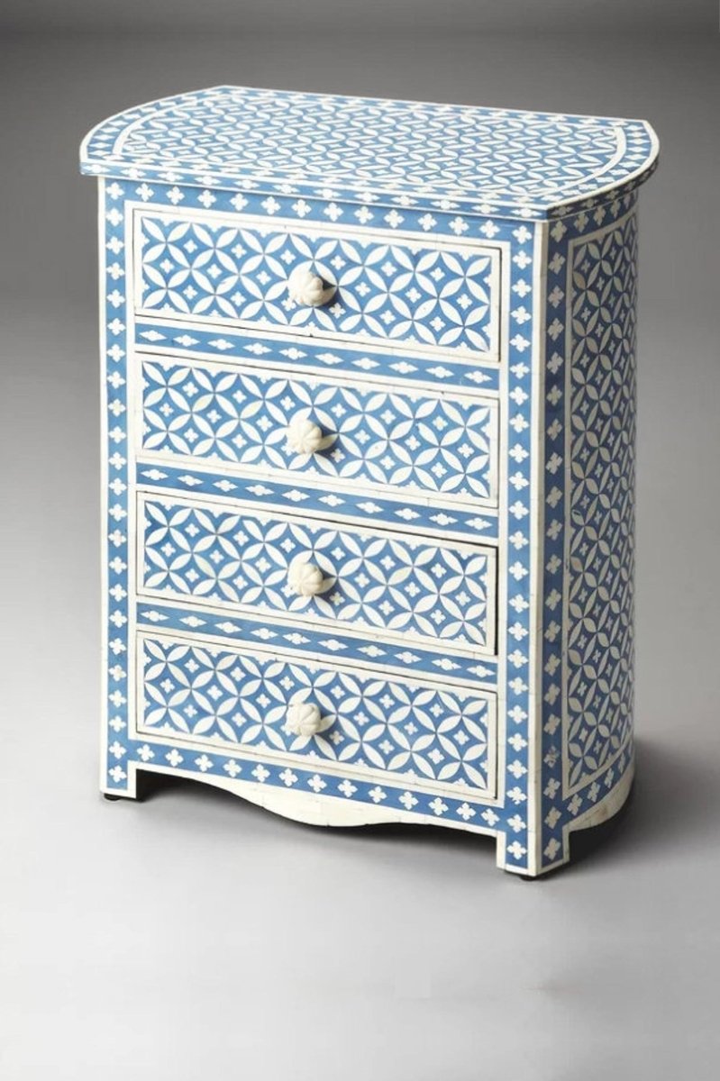 Handmade Bone Inlay Geometric Eye Pattern Nightstand  | Lampstand in Blue Color