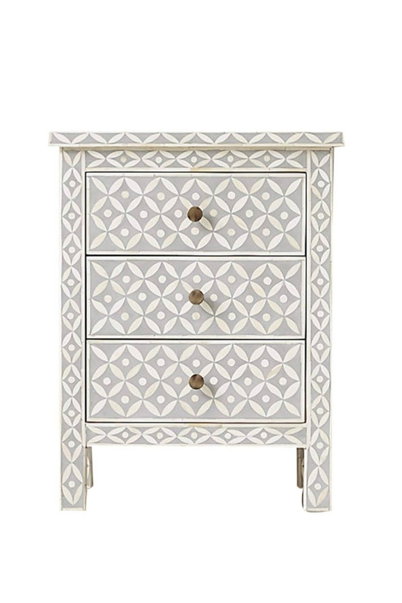 Handmade Bone inlay Geometric Pattern Nightstand in Gray Color | Custom Made Lampstand