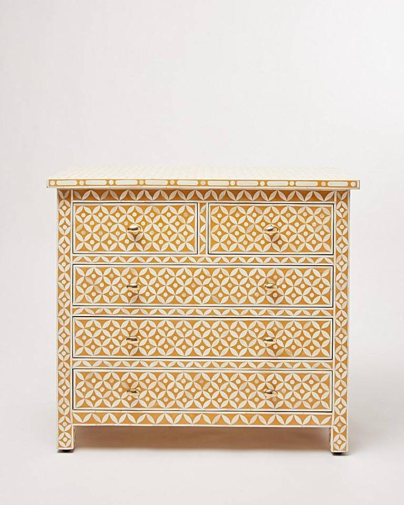 Handmade Bone Inlay Geometric Patterned Dresser in Yellow Color | Bedroom Chest of 5 Drawers