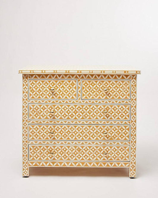 Handmade Bone Inlay Geometric Patterned Dresser in Yellow Color | Bedroom Chest of 5 Drawers