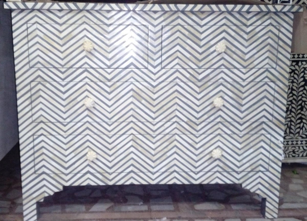 Handmade Bone inlay Grey Color Chevron Pattern Chest of Four Drawers