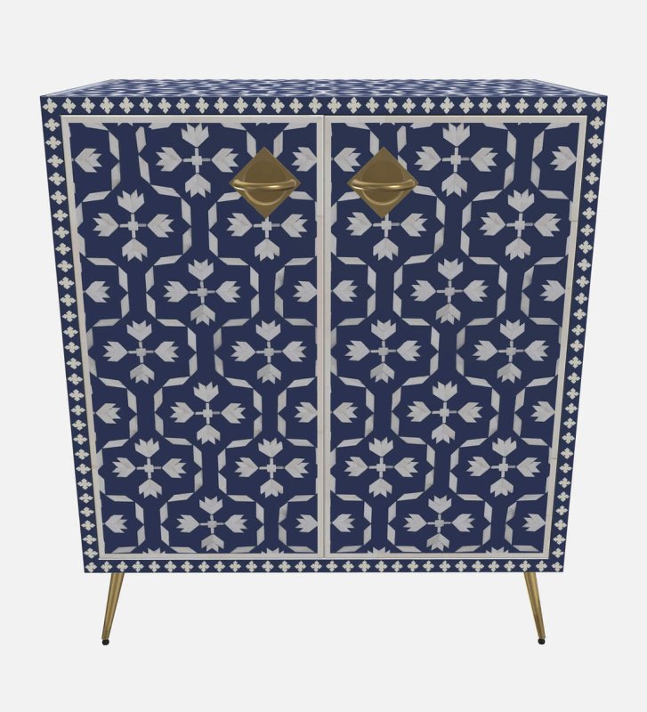 Handmade Bone Inlay Hallway Cabinet in Indigo Matte Finish