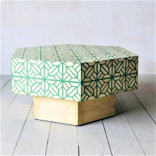 Handmade Bone inlay Hexagon Coffee Table  | Brass Base Center Table in Green