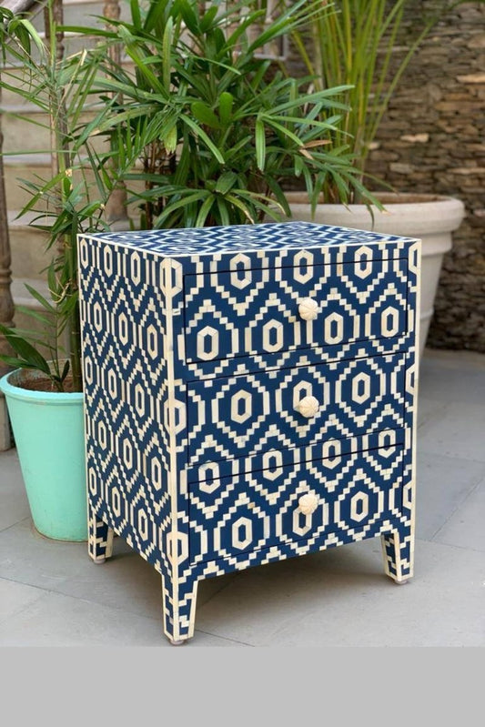 Handmade Bone inlay Ikkat Design Nightstand in Blue Color |  Custom Made Lampstand